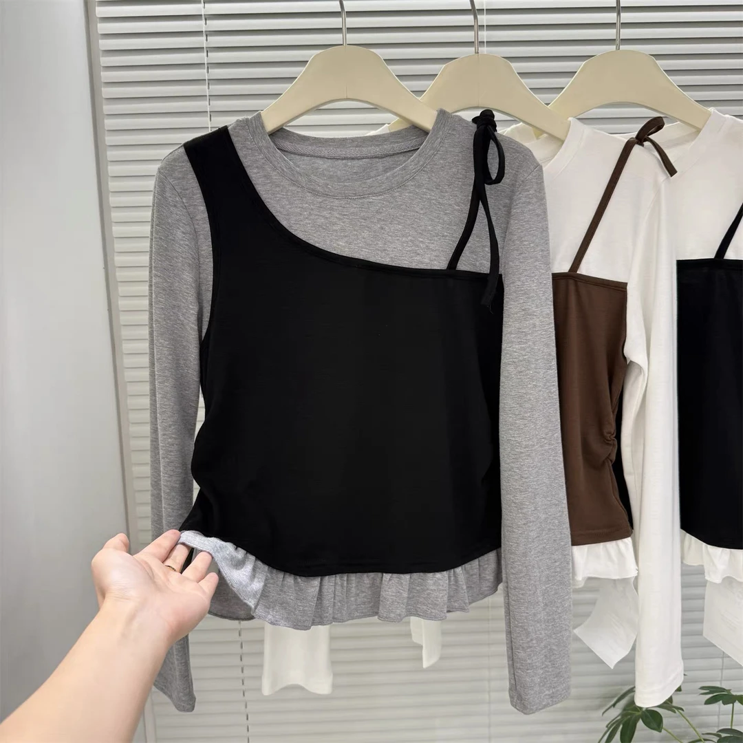 设计感不规则拼接假两件长袖T恤女2025早秋新款小众减龄洋气上衣