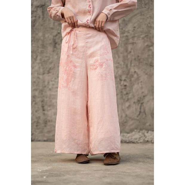 复古国风绣花苎麻阔腿裤文艺双层宽松休闲裤