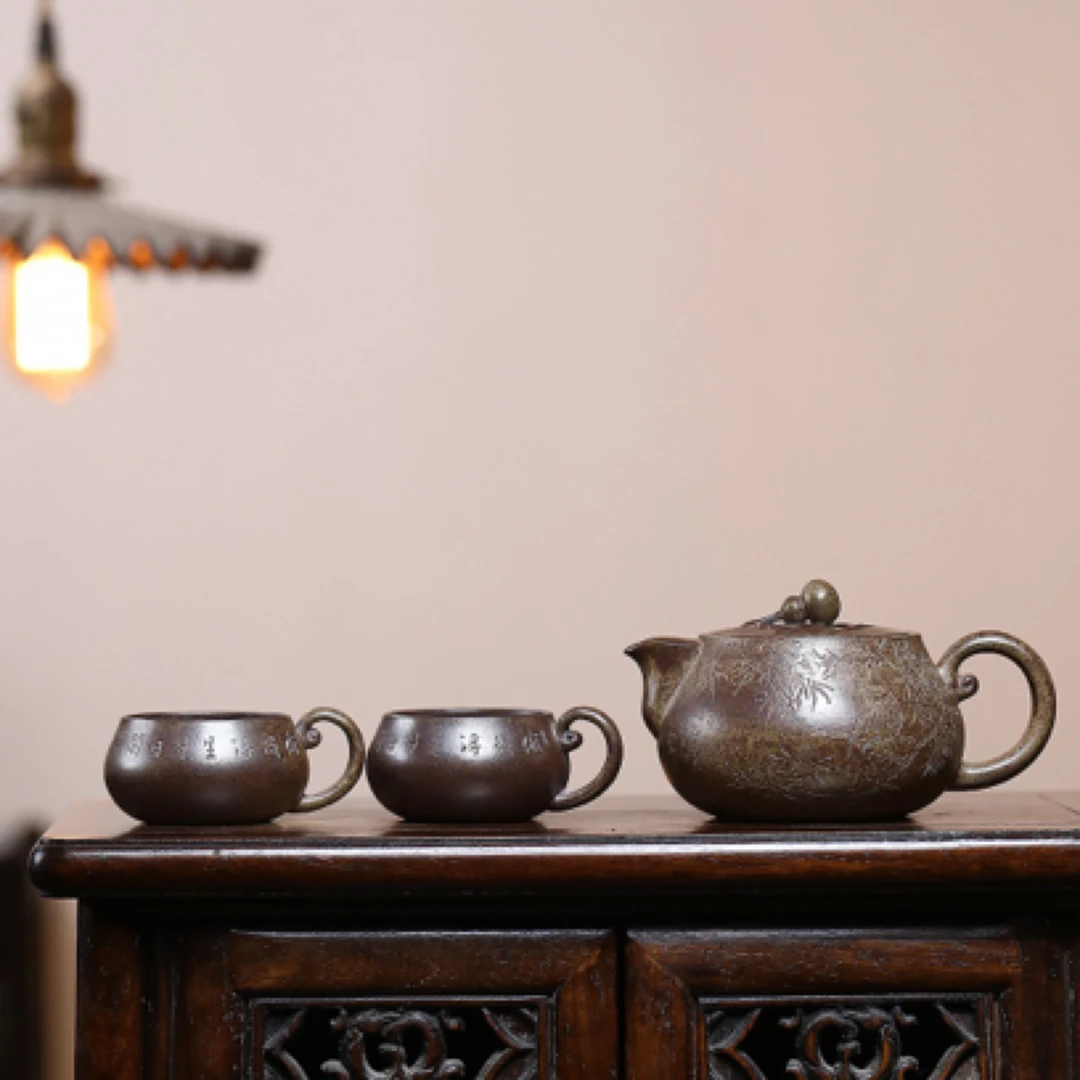 福禄套组 孟臣传人 制作 280cc 青段柴烧 省大师 沈建军刻绘