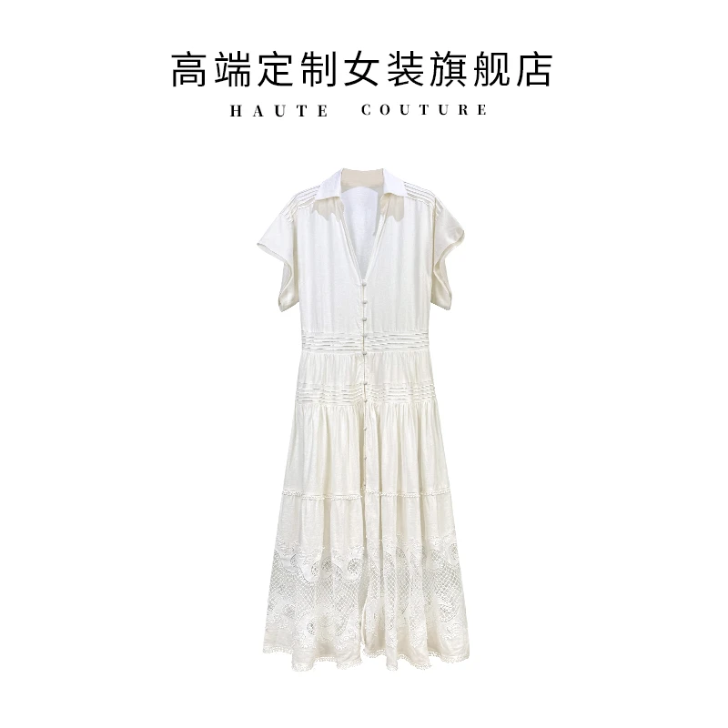 女装2025夏季法式浪漫白色减龄小香风镂空刺绣修身衬衫领连衣裙