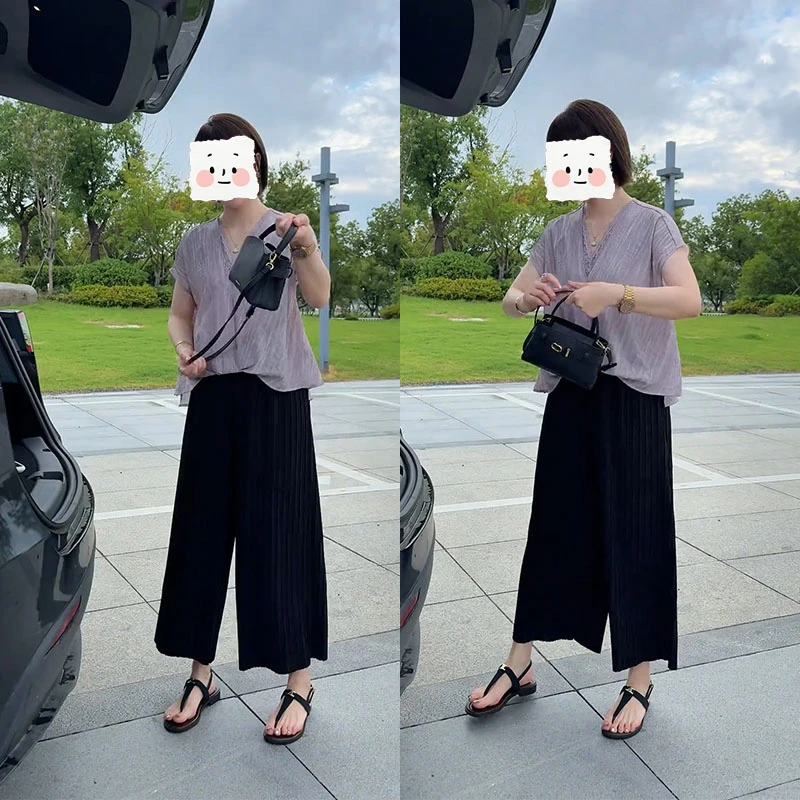 高级感时尚休闲套装气质轻熟风V领短袖上衣休闲九分阔腿裤两件套