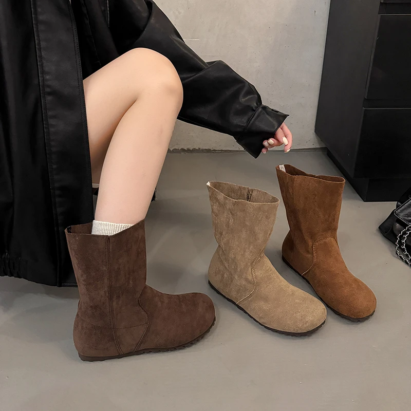 韩版复古套筒博肯靴女2025秋新款圆头厚底内增高美拉德短筒瘦瘦靴