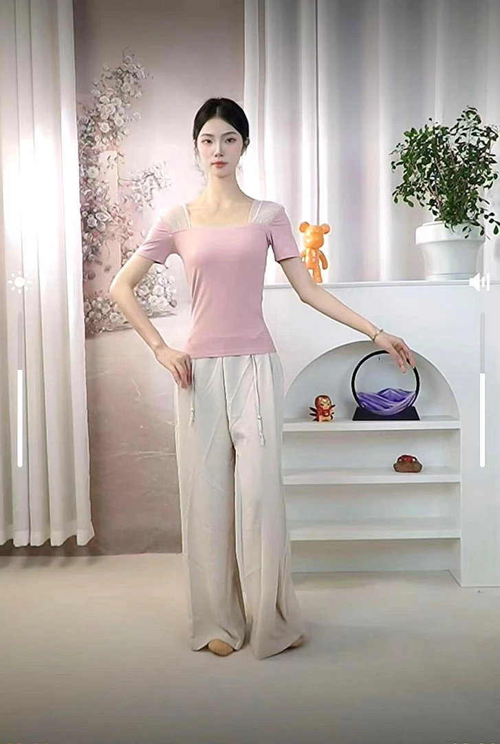 肩膀拼纱修身短袖舞蹈服上衣