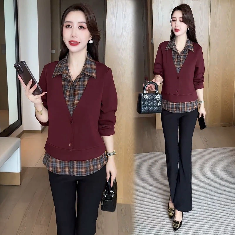 衬衫女2025秋季新款时髦洋气格子拼接假两件百搭气质长袖衬衣外套