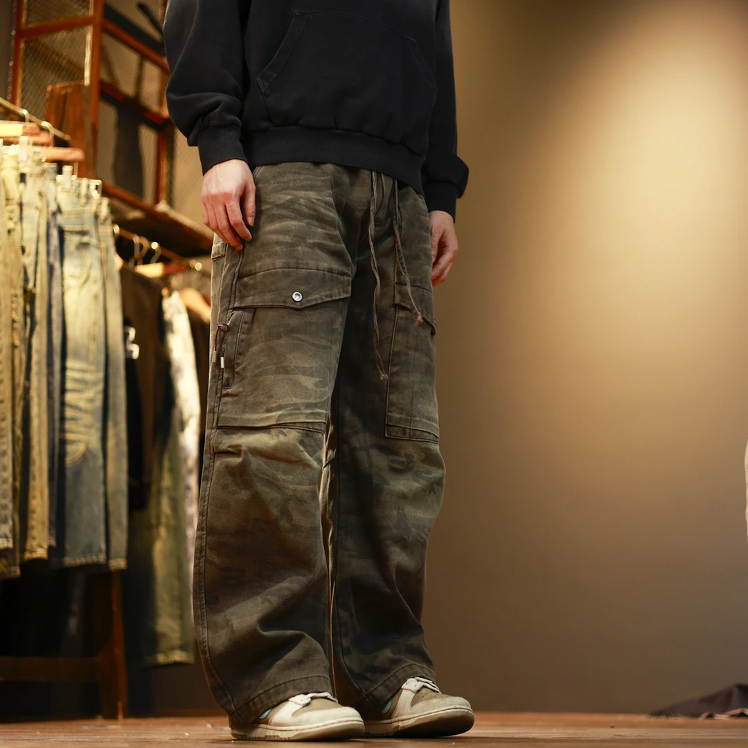 3006宽松多口袋浅迷彩休闲男士弯刀牛仔裤