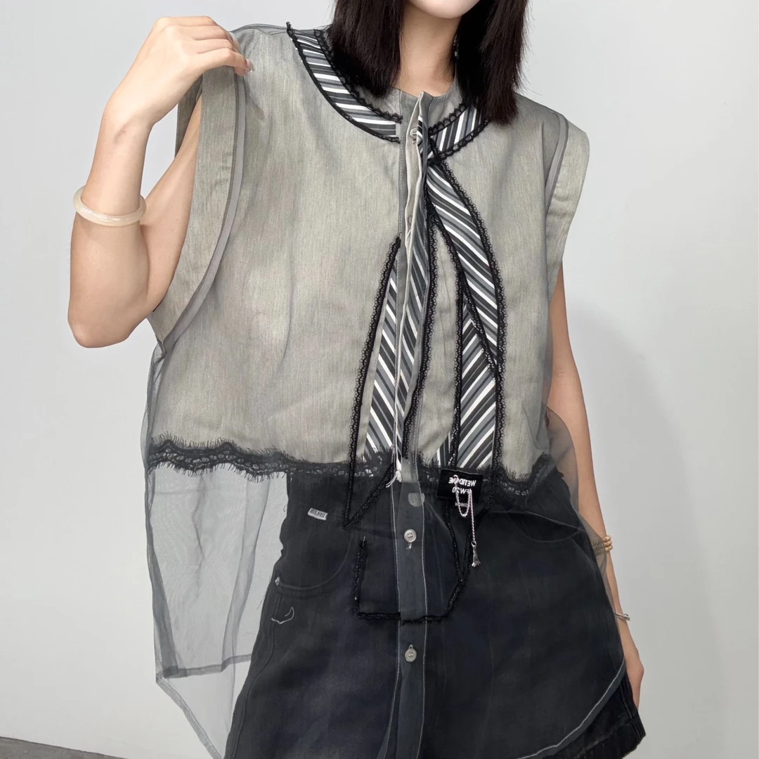 229#欧洲站2025夏季新款条纹领结拼下摆蕾丝网纱气质无袖衬衫