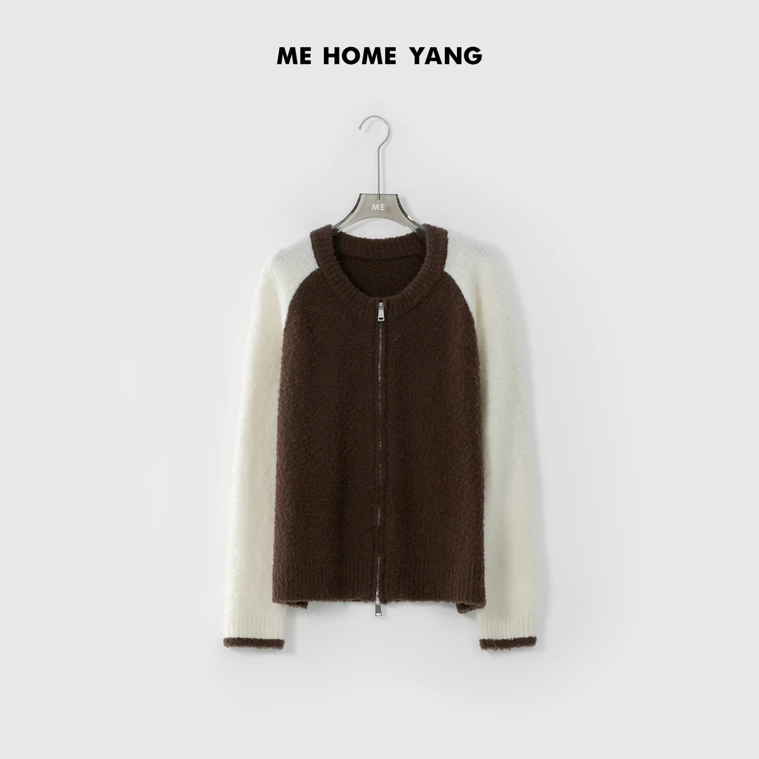 ME【懒羊羊】100绵羊毛拼色圆领百搭长袖开衫毛衣MEQA2336