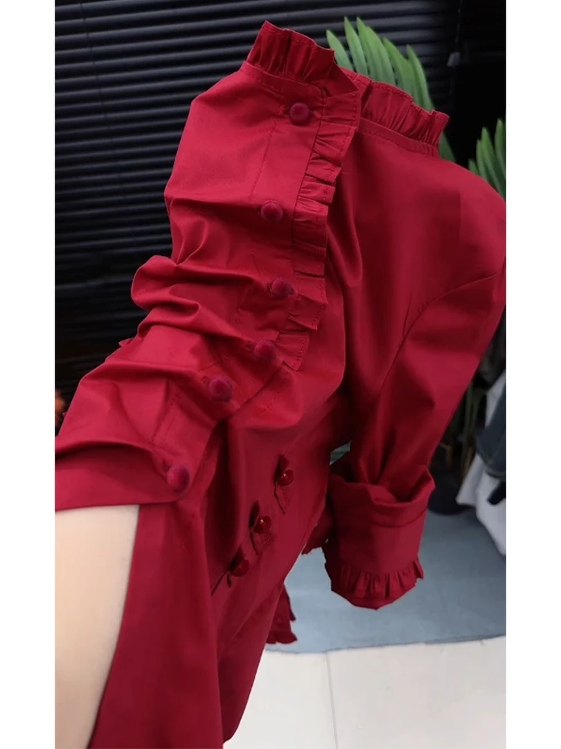 圣诞立领红色衬衫女2025秋冬季木耳边显瘦慵懒风气质百搭长袖上衣