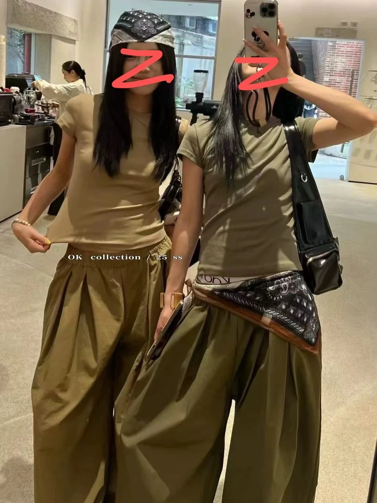 美式复古夏上新百搭小T上衣+阔腿长裤➕丝巾三件套套装
