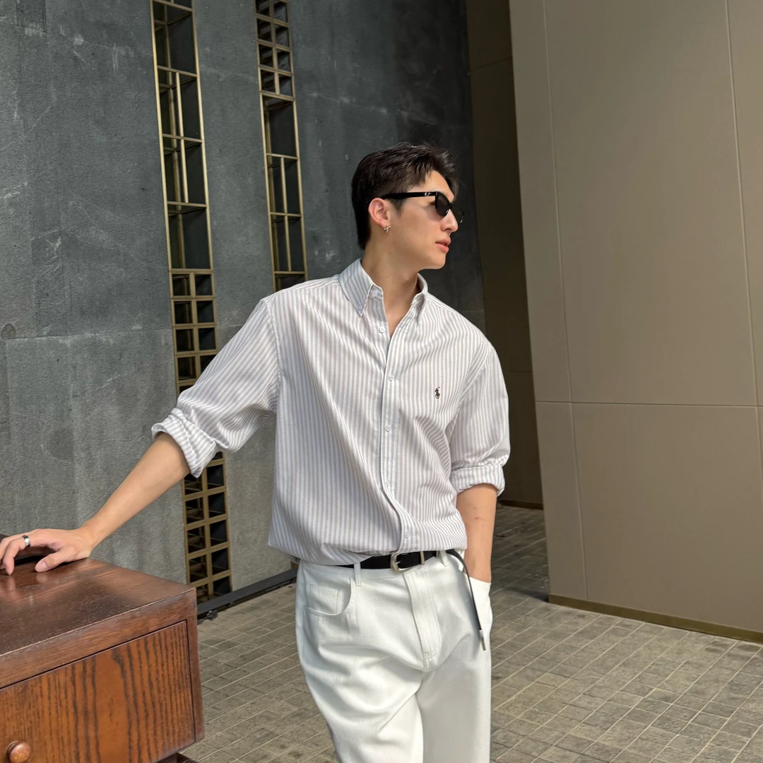 ANN DNR 25夏【拉夫】小马标刺绣蓝色条纹亚麻衬衫男士SW30251