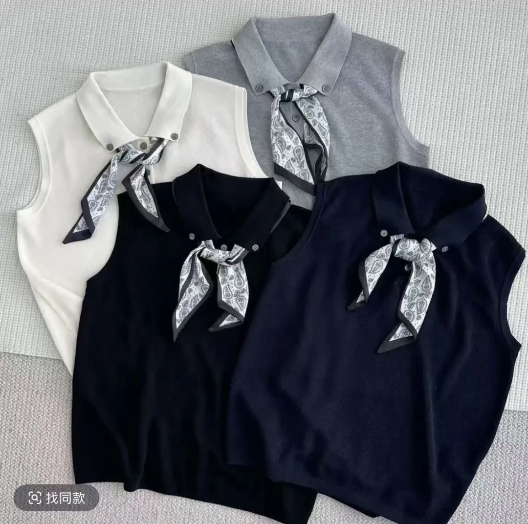 （送丝巾）新款韩版百搭修身显瘦女时尚翻领针织无袖上衣5175