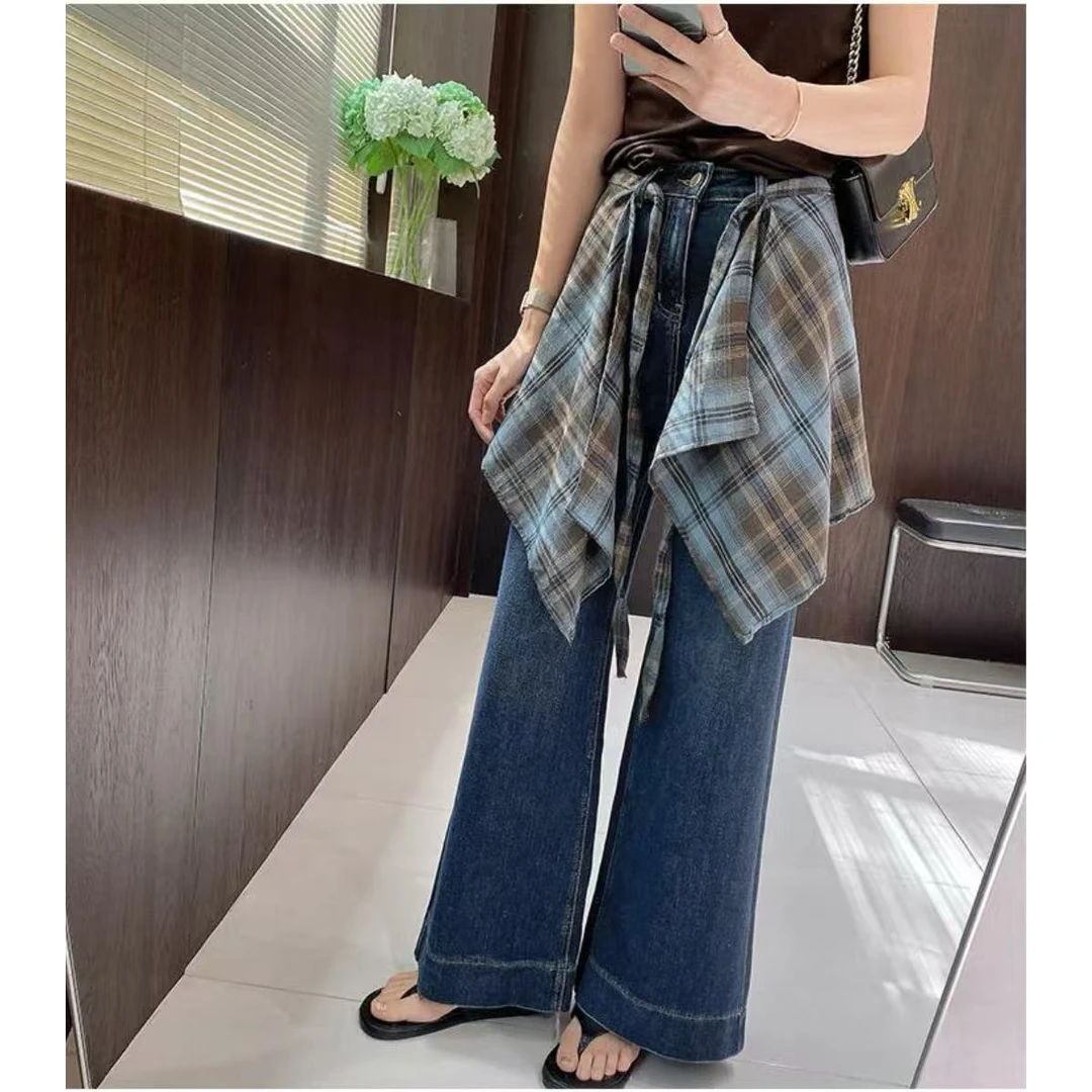 可拆女士显瘦遮直筒裤阔腿高腰跨两件套屁帘长裤早秋牛仔裤uv女装