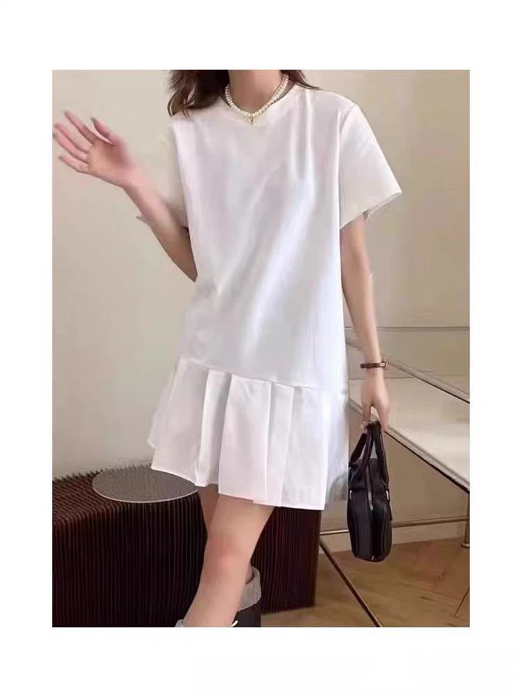 33266夏季新款韩版今年流行百搭纯色休闲宽松大码短袖T恤连衣裙