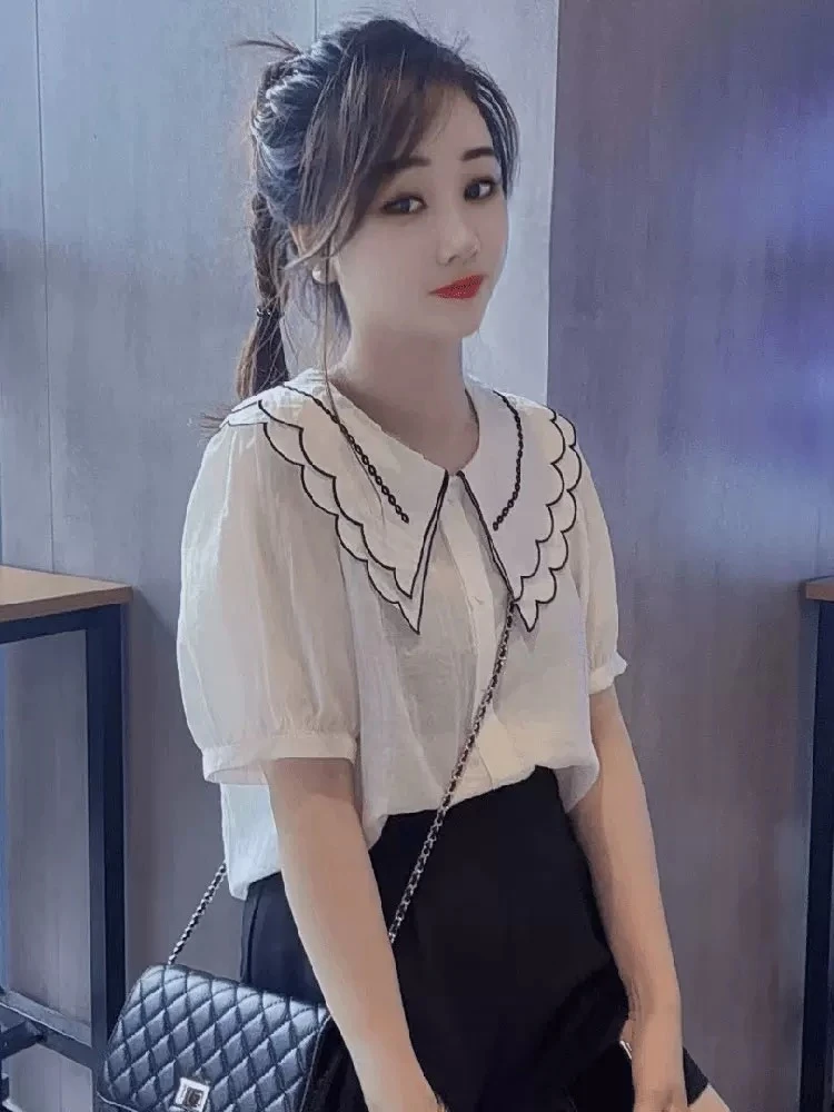 娃娃领短袖衬衫女款夏季2025年新款衬衣高级感轻奢上衣女569