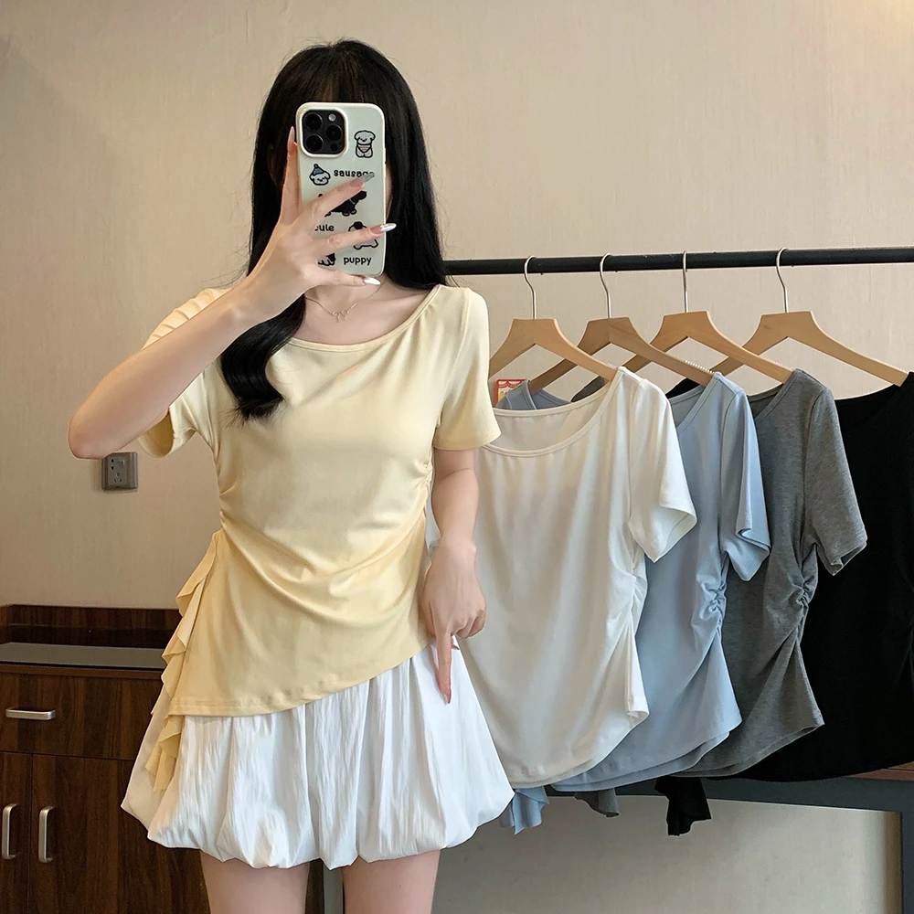 2025夏季大码女装新款荷叶边小众抽绳收腰短袖T恤上衣洋气衣服女