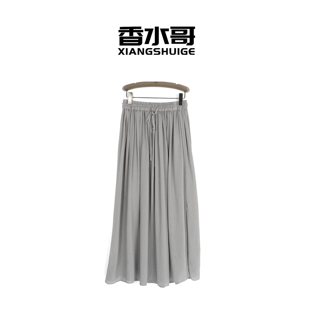 时尚百搭桑蚕丝纯色半身裙女2025春夏新品简约长款开叉大摆A字裙