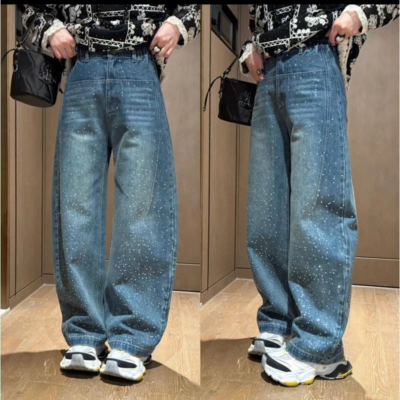 YDFSTUDIO小众【耀眼星钻】欧货高品烫钻设计百搭时尚弯刀牛仔裤