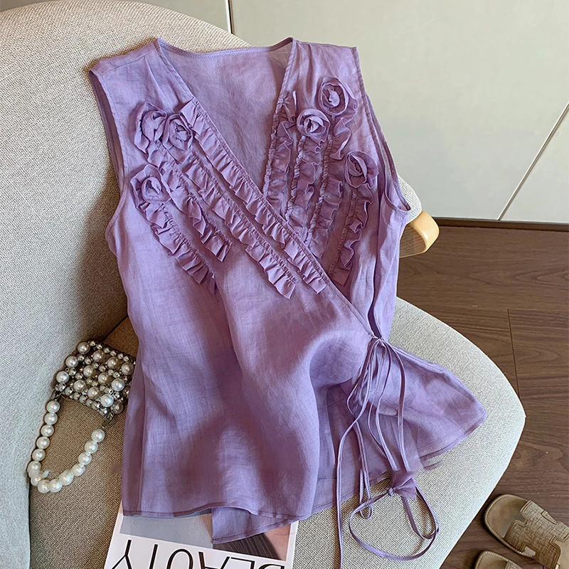 法式紫色显瘦花朵无袖背心上衣女夏季2025新款气质木耳边V领衬衣