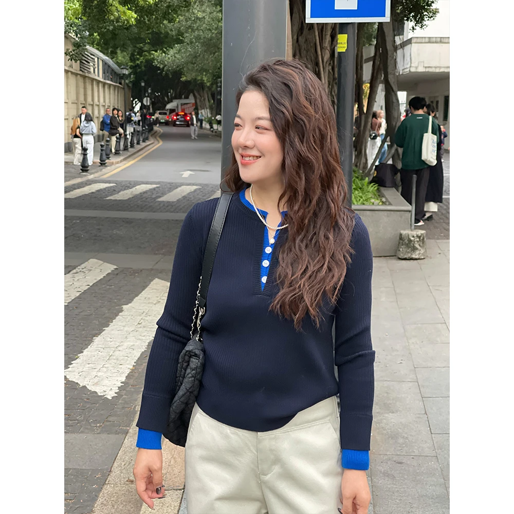 WenWen小个子2025秋冬韩版假两件针织衫套头纽扣设计百搭毛衣4517