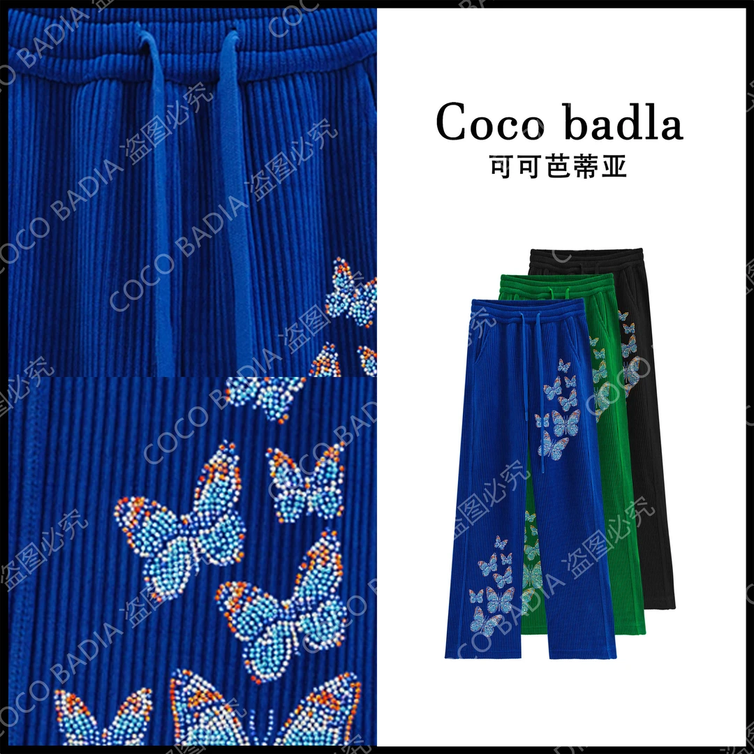 2025&重工蝴蝶烫钻宽松潮流时尚直筒设计师高腰休闲裤KZ0288