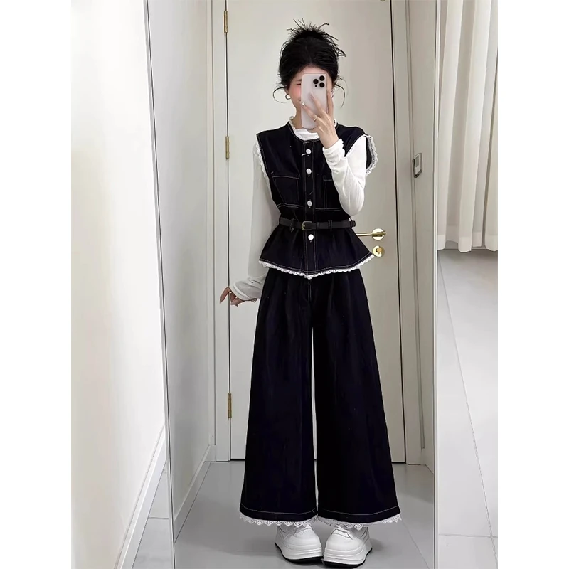 2025春夏新款高级感牛仔套装女长袖打底蕾丝拼接马甲阔腿裤三件套