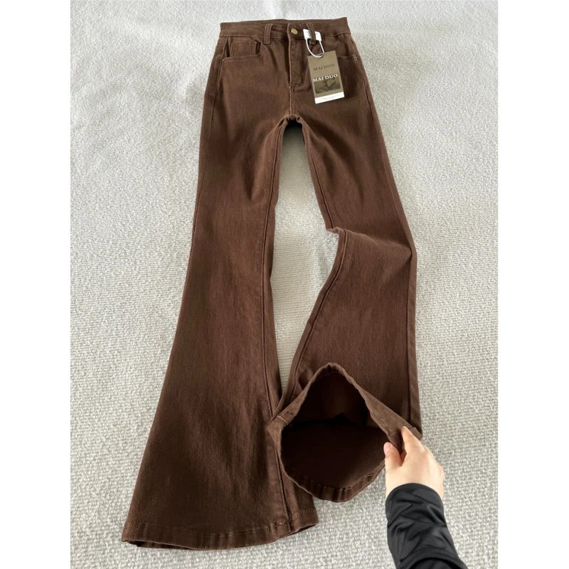 雪千羽加绒咖啡色小个子微喇牛仔裤女秋冬新款高腰弹力修身马蹄裤