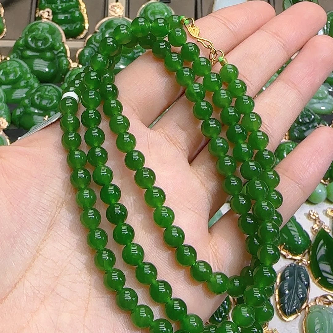 和田玉（碧玉）18K金镶嵌颈饰18k金卡六冰阳绿多圈