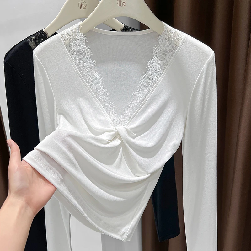 纯欲风蕾丝花边拼接针织打底衫女秋冬季V领长袖内搭扭结皱褶上衣
