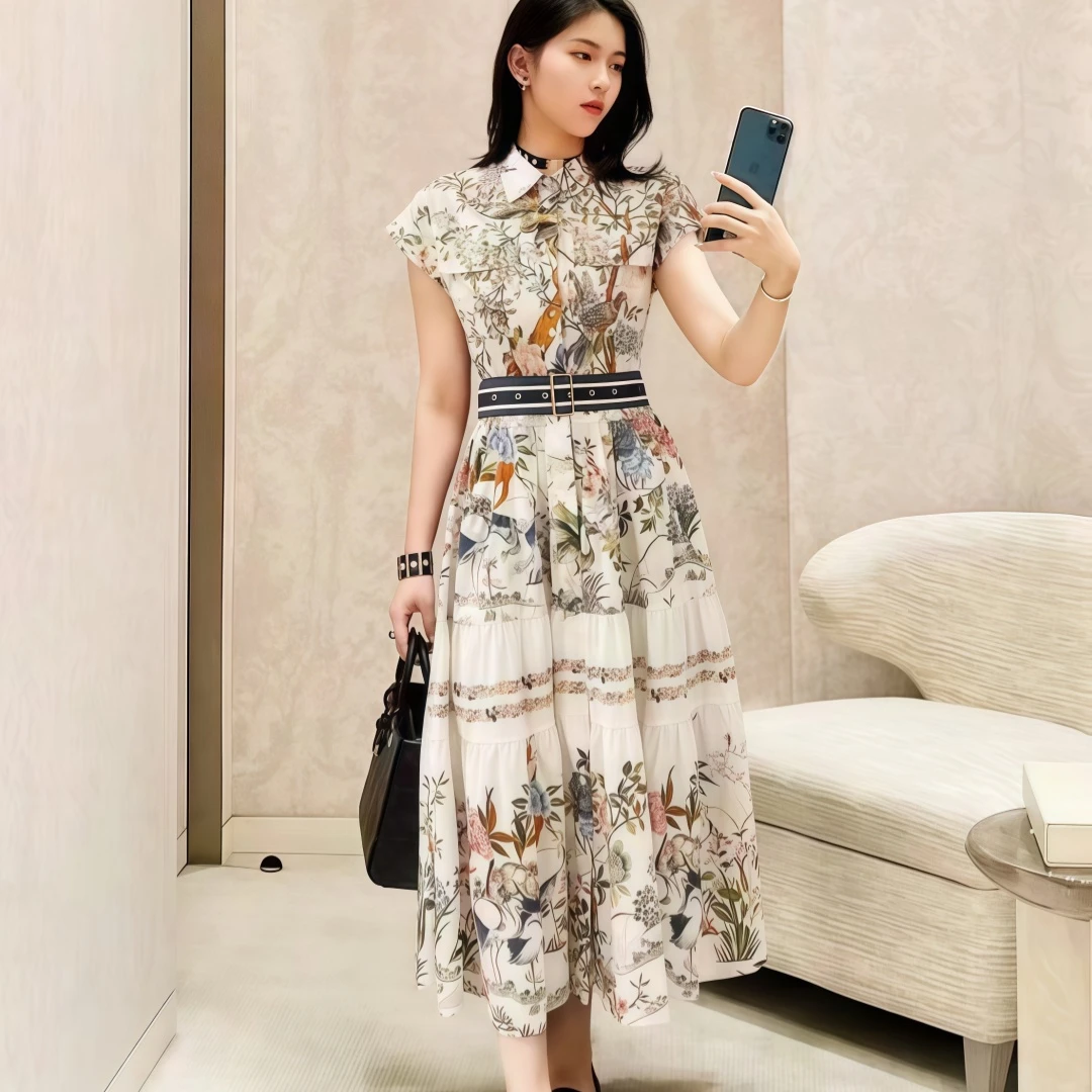 夏季A字国风花卉短袖修身连衣裙-69833