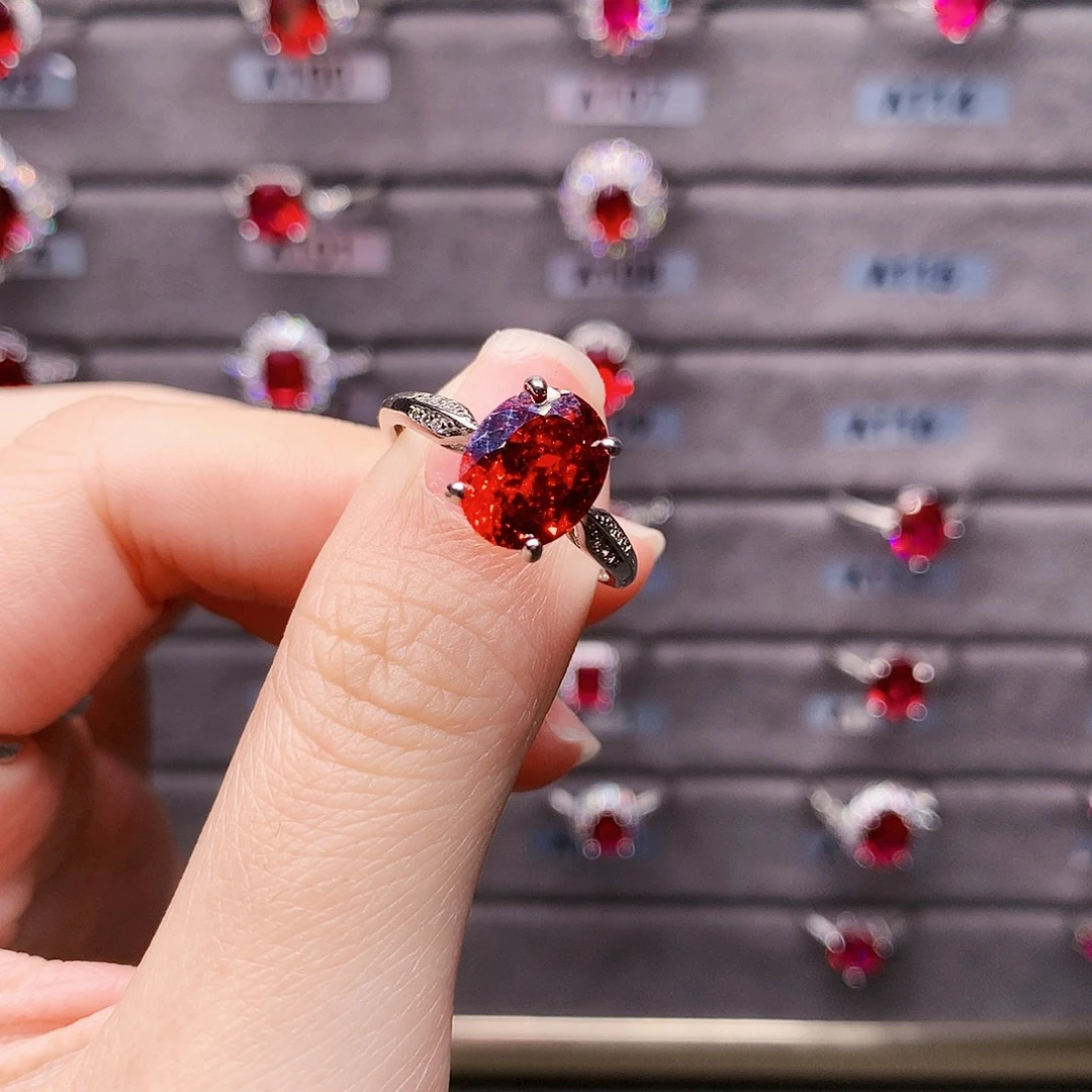 短***妖红色碧玺戒指银S925镶嵌