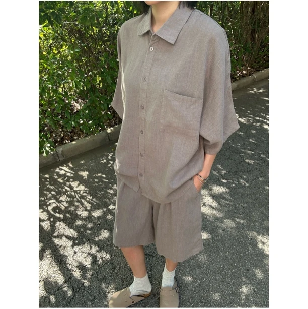 苎麻 复古老钱风慵懒宽松纯色衬衫开衫套装捏褶短裤中裤男女款