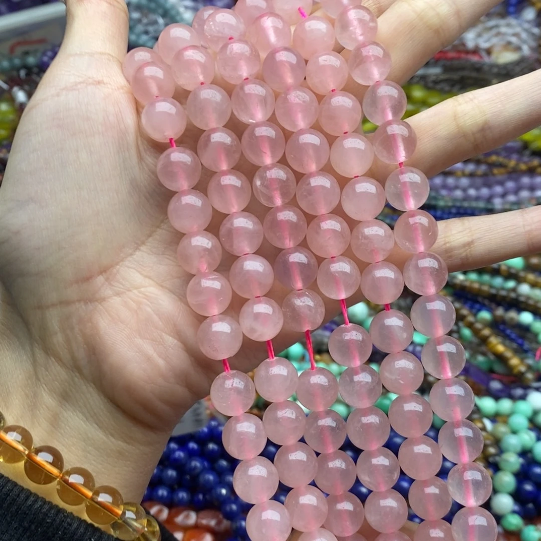 玛瑙/玉髓合金珠宝半成品一条纯天然有瑕10mm粉晶圆珠