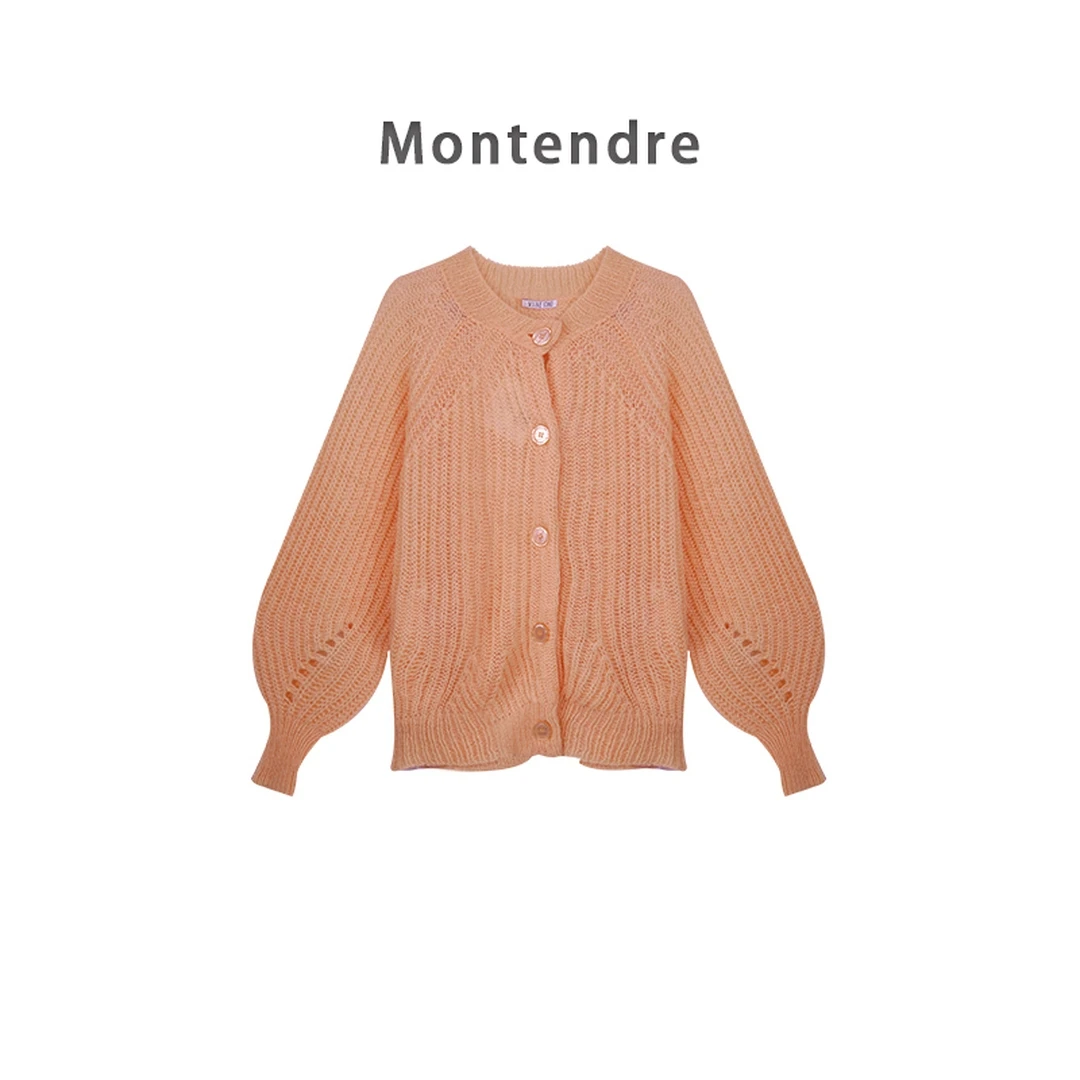 【Montendre】秋季新款 V 慵懒风温柔知性宽松排扣气质镂空针织毛衫