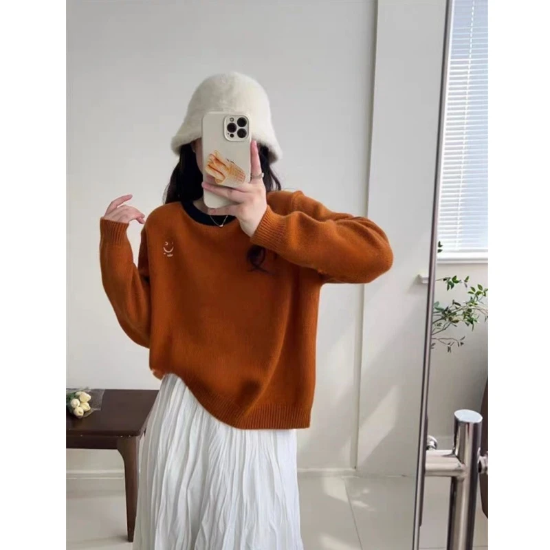 橘色笑脸基础百搭长袖秋冬针织撞色圆领针织衫毛衣女