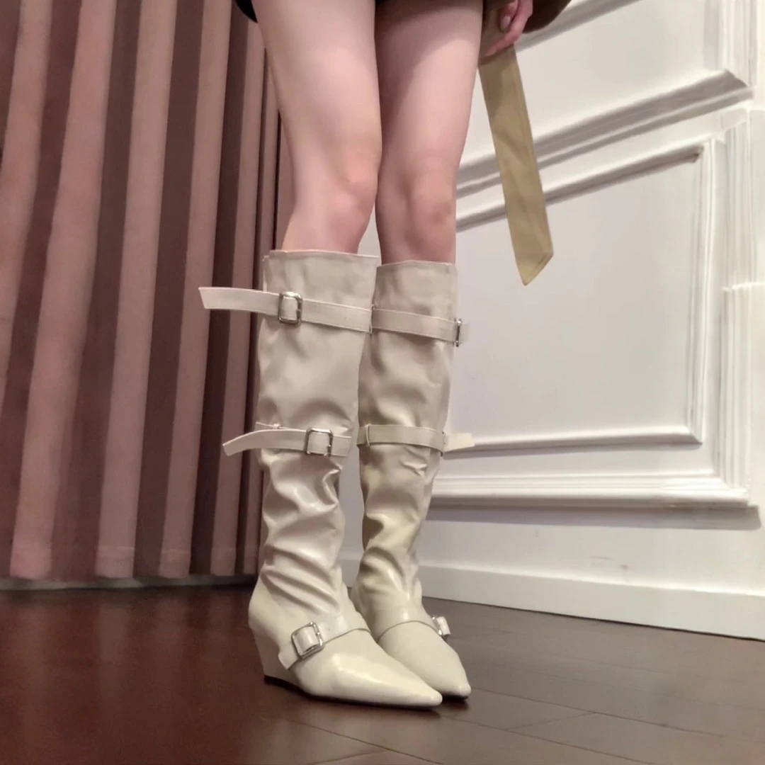 牛皮版~骑士靴时尚长筒靴复古不过膝高筒时装靴尖头坡跟显瘦遮肉