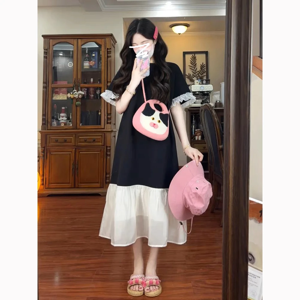 黑色休闲宽松显瘦胖mm遮肚藏肉连衣裙子女夏季2025新款T恤裙长裙