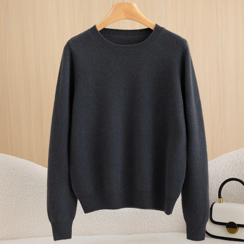 【上新特惠】女士350克纯山羊绒平面圆领双股加厚款针织长袖套头衫