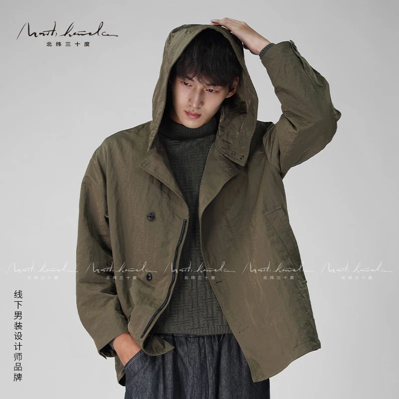 北纬三十度软壳风衣男士多口袋秋季户外中长款连帽工装夹克外套