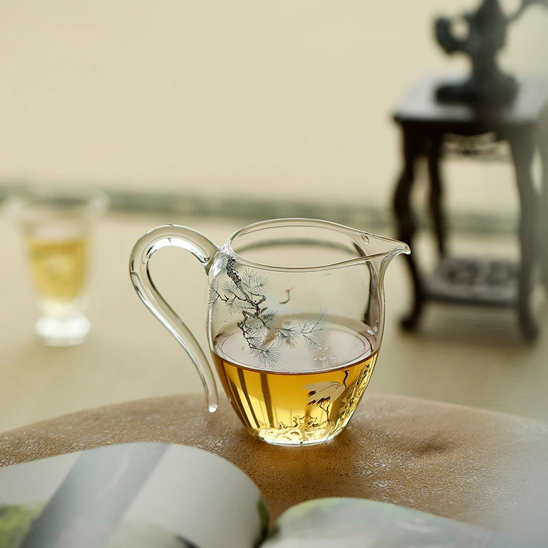 德白青松皓鹤公道杯加厚耐热玻璃分茶器家用高档茶海中式把手公杯
