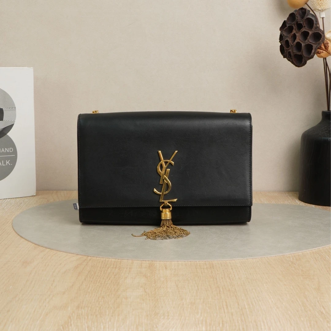 95新 YSL/圣罗兰 kate链条信封流苏款中号黑金牛皮/DS045245
