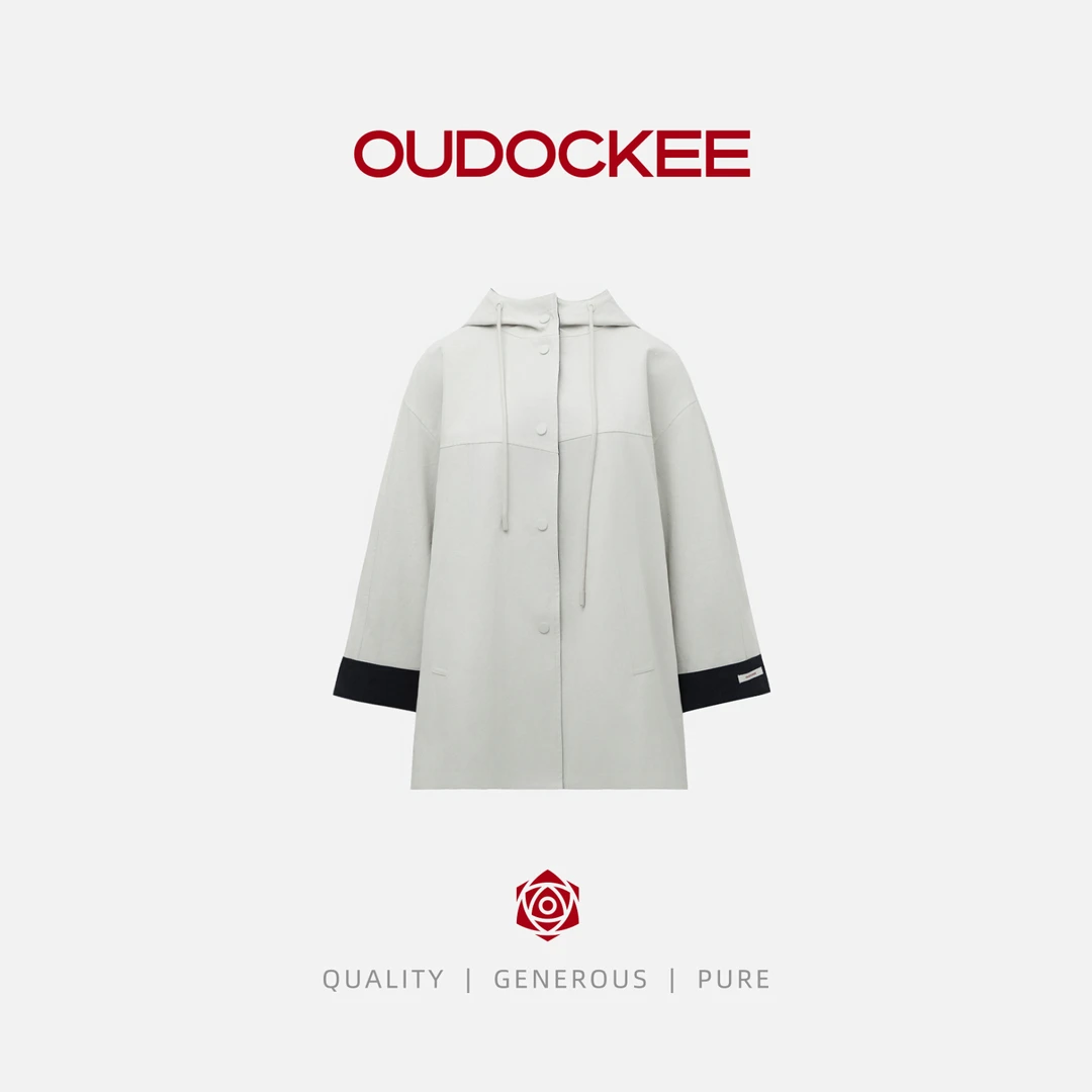 OUDOCKEE 鸥鸥【100棉】高级时髦内里撞色单排扣连帽风衣 FACF689T