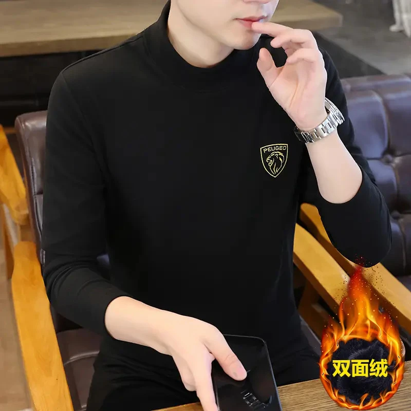 冬季新款男士半高领德绒打底衫刺绣双面绒内搭长袖保暖上衣中领潮