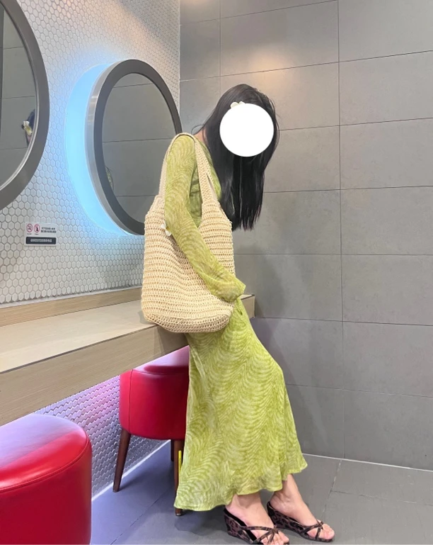 秋季新款度假风高腰收腰印花女士长袖法式连衣裙高个子法式长裙