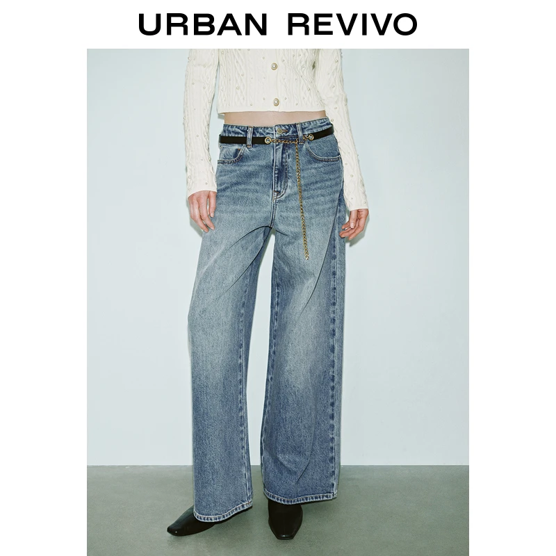 UR2025春季新款女装欧若风设计感可拆链条腰带牛仔长裤UWG850051