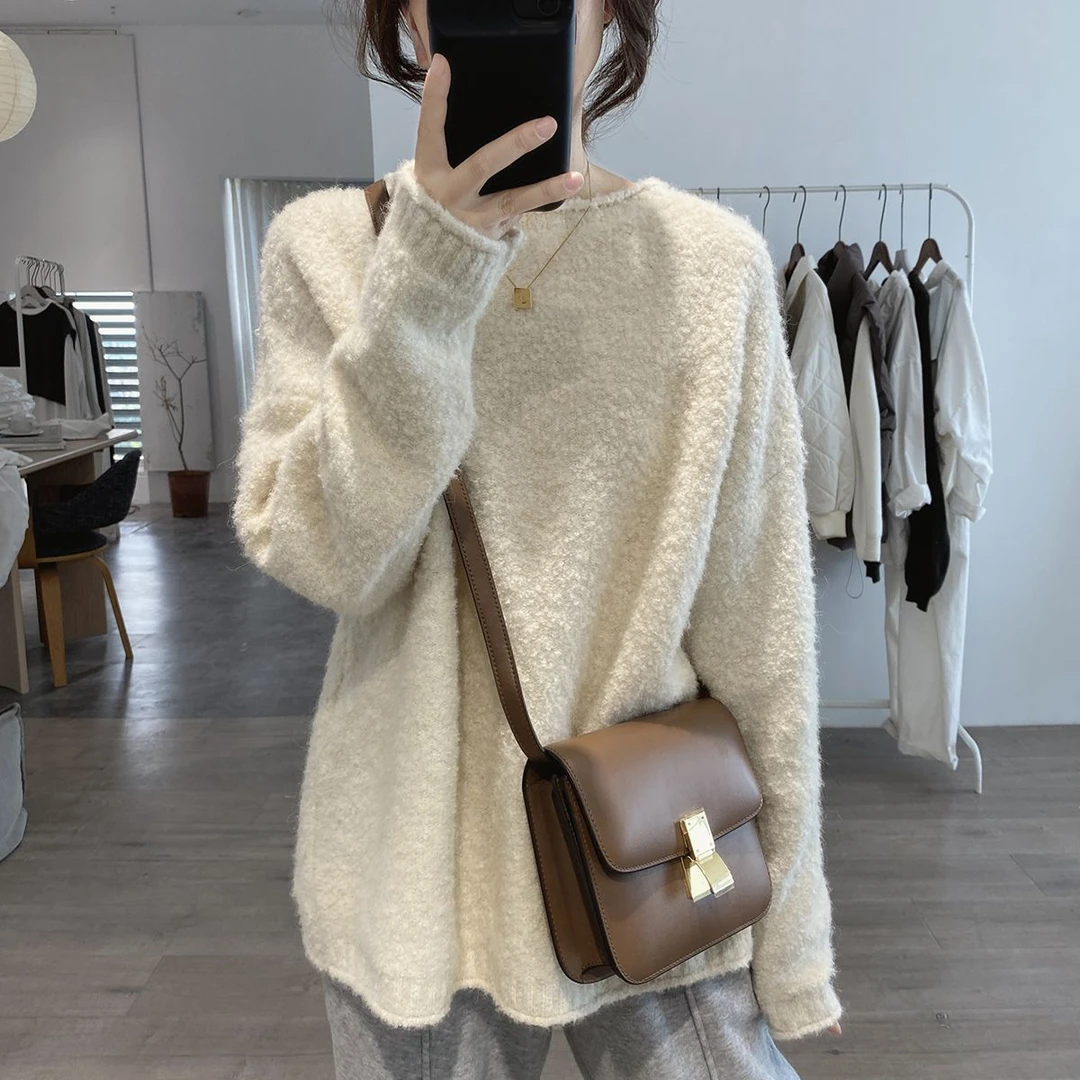 圆领毛衣外套女秋冬季新款宽松显瘦外穿遮肉加厚减龄针织衫上衣