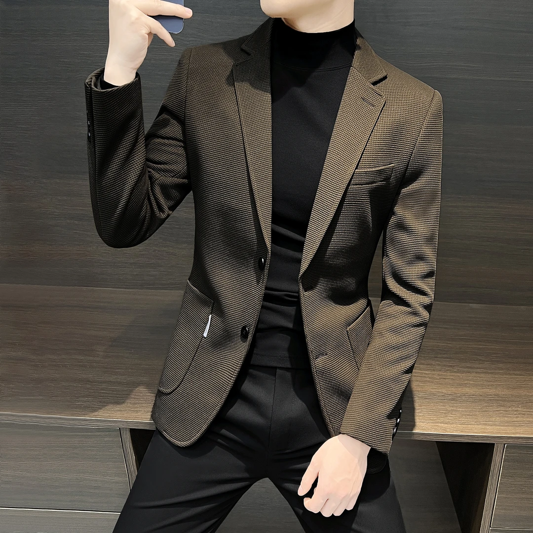 华夫格休闲西装外套男款2025新款高级感男装韩版修身男士格子西服