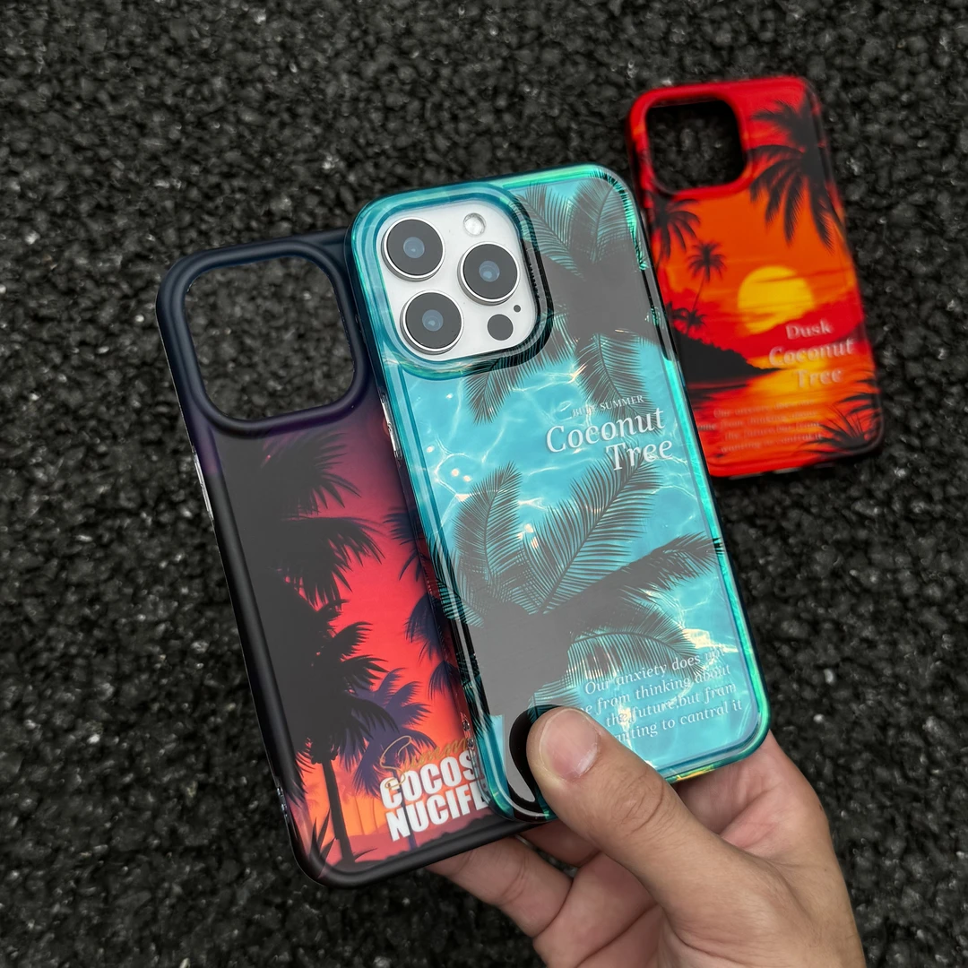 海浪渐变落日椰树适用苹果16全包15ProMax磨砂iPhone13网红手机壳