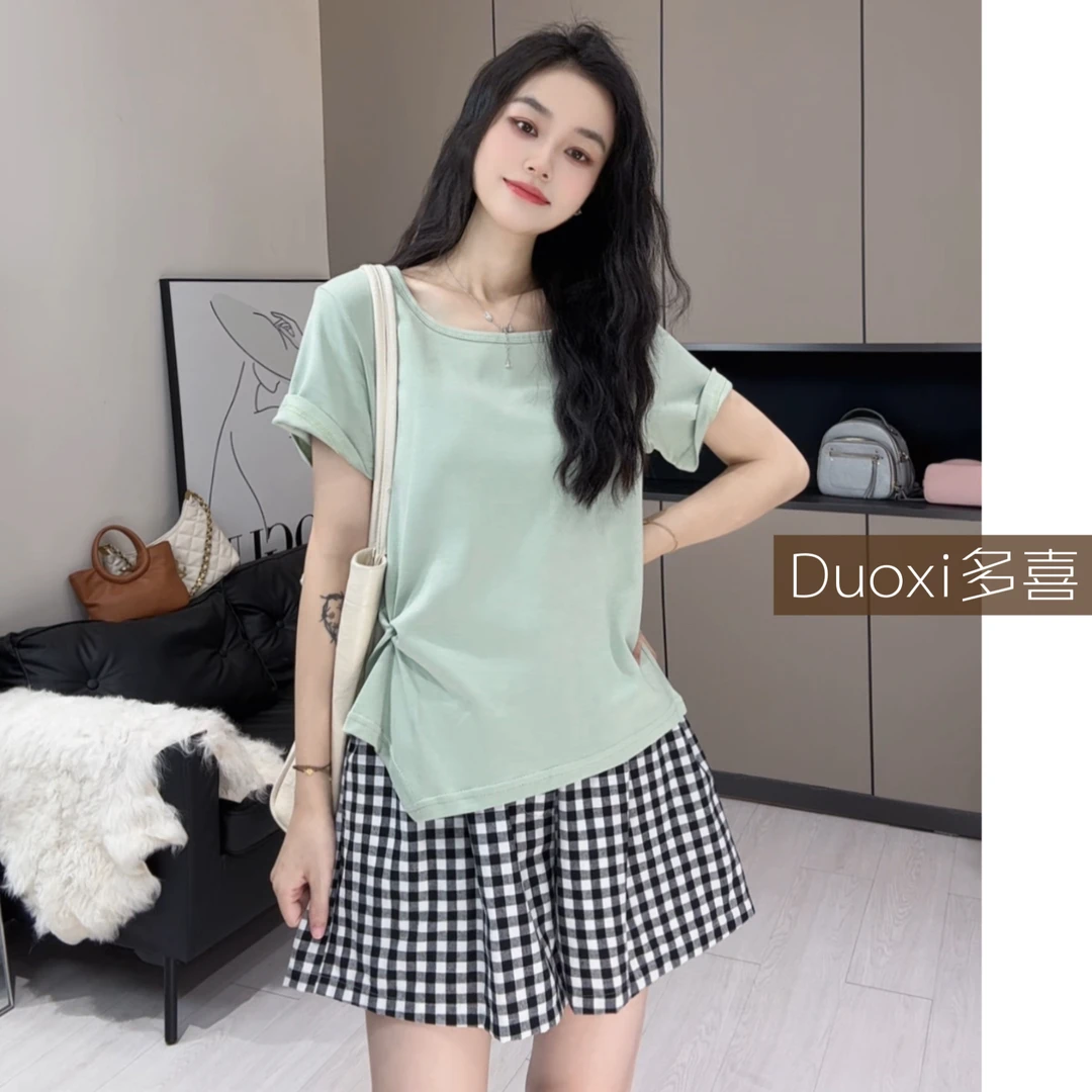 Duoxi【方领捏褶】F051# 新款重工设计款洋气时尚休闲百搭T恤上衣