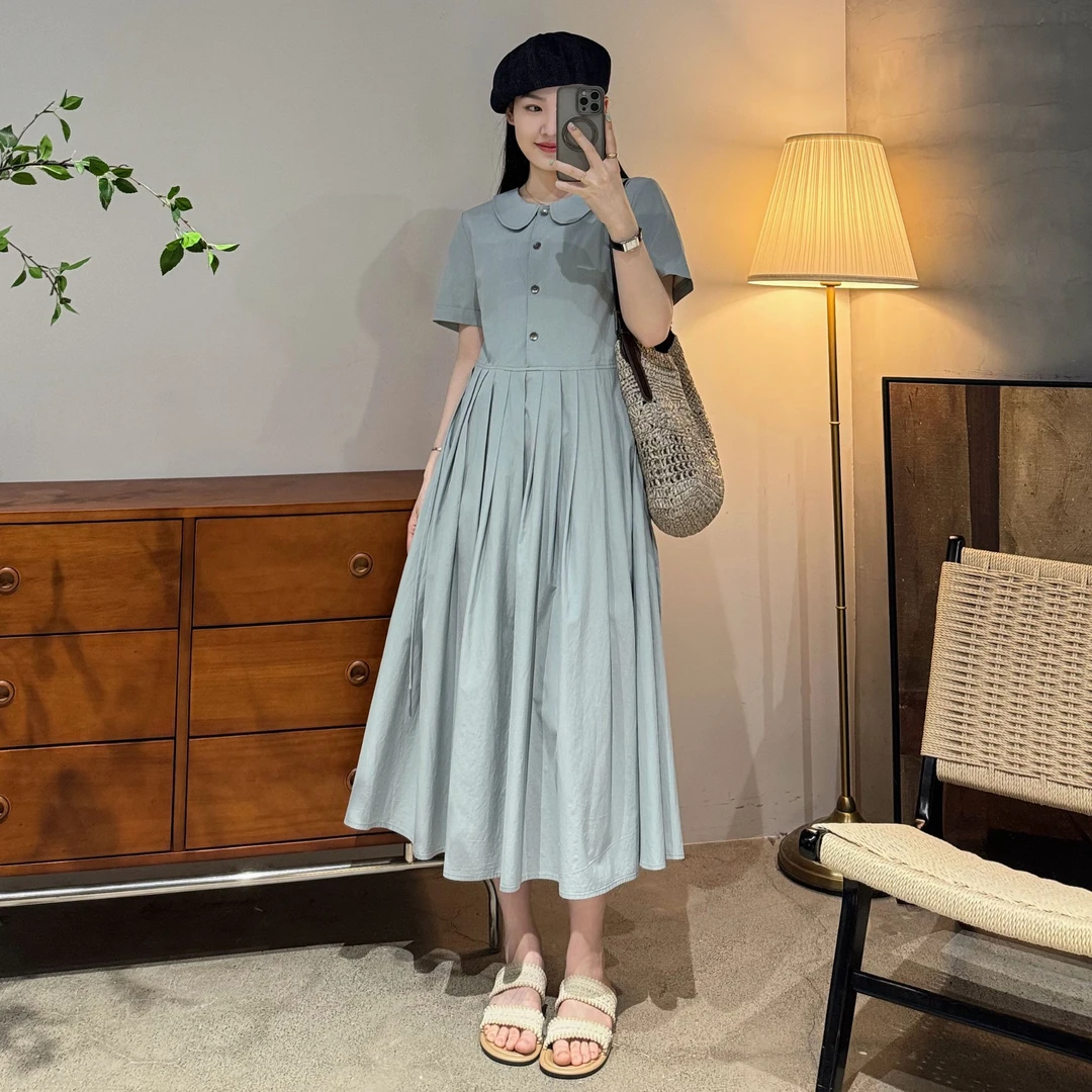 韩系休闲时尚设计高级感减龄娃娃领百褶连衣裙女-M25206368