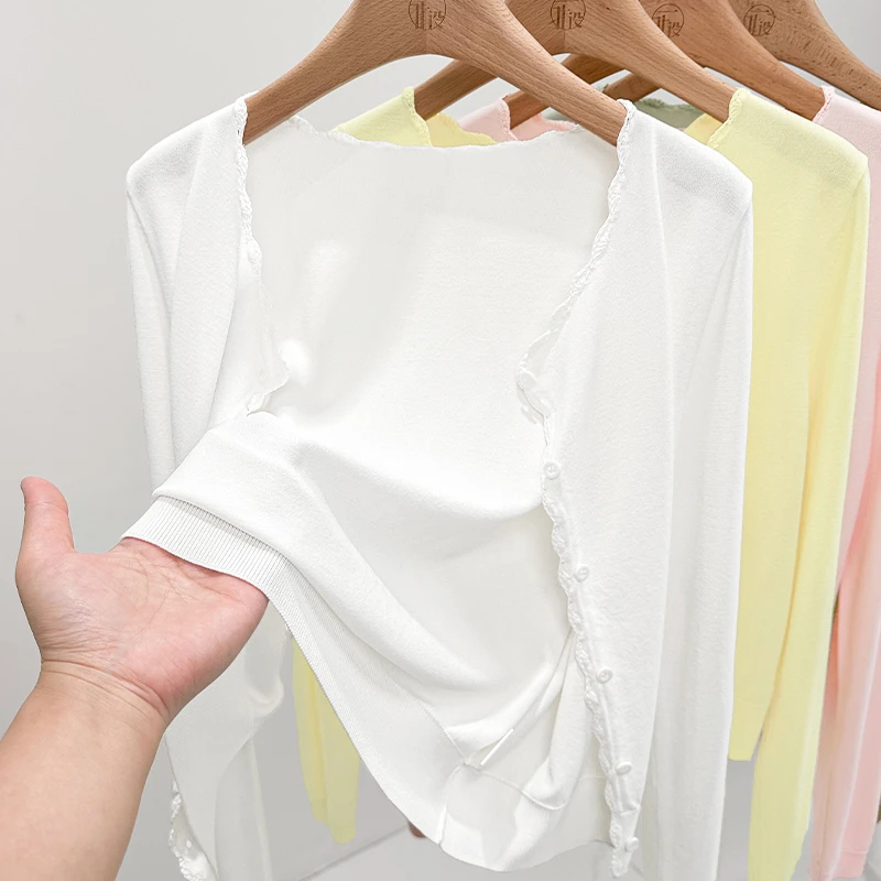 白色花边长袖圆领吊带裙外搭开衫女夏季防晒薄款冰丝针织空调罩衫